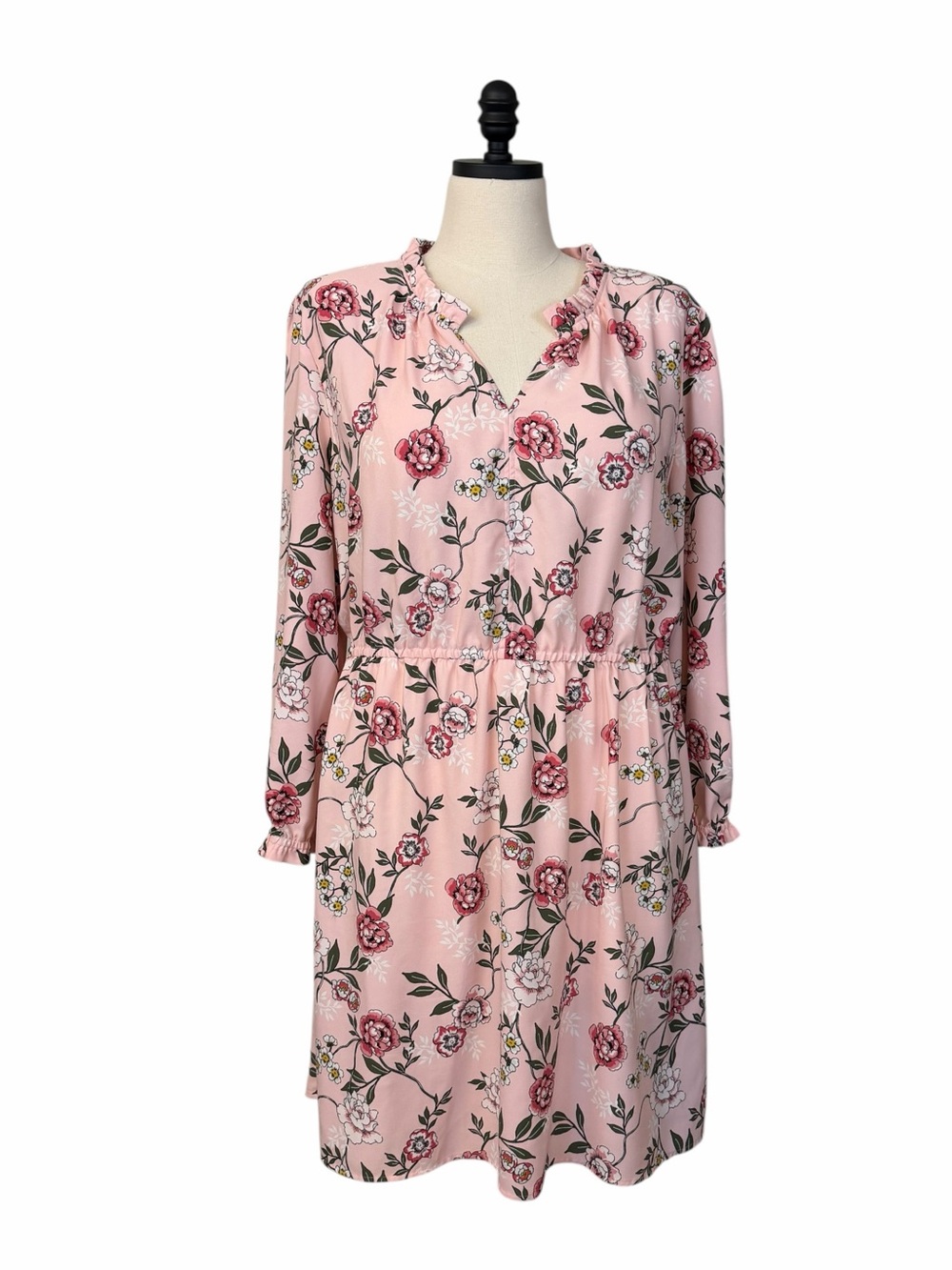 LOFT Blouson Dress XL Pink Floral Ruffle Neck Long Sleeve Elastic Waist Cottage